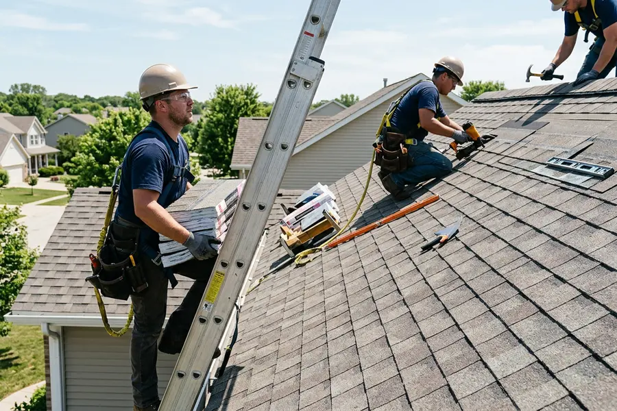 Beardman Building Services roofing crew installing architectural shingles in Saint Petersburg